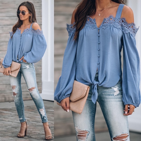 BLACK Lace cold shoulder tie blouse - Picture 2 of 2